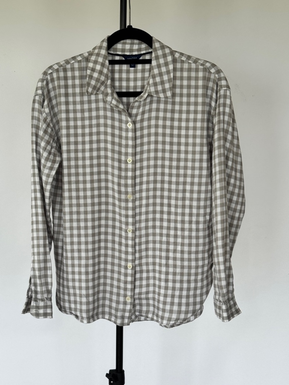 Nautica Men’s Beige and White Gingham Button-Down Shirt